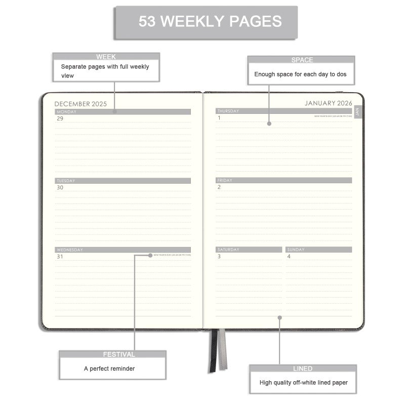 Lemome 2026 Planner - 2026 Weekly & Monthly Planner with Calendar Stickers, JAN 2026 - DEC 2026, 5.75" X 8.25", 2026 Calendar/Planner with Premium Thicker Paper, Pen Holder, Inner Pocket and 44 Notes Pages - Gray - Image 4